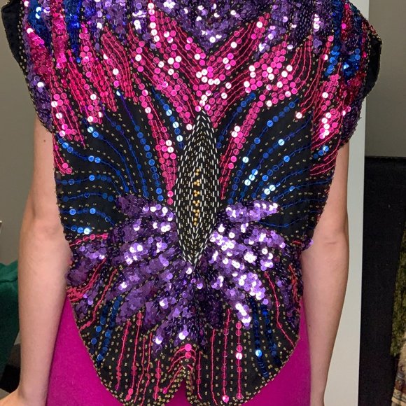 80's IRIS pink, blue and purple sequin top - Picture 3 of 4
